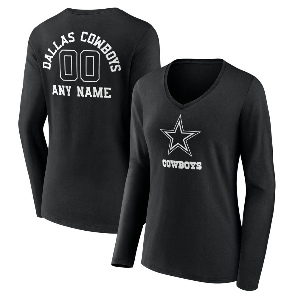 Dallas Cowboys Women's Personalized Name & Number Monochrome Long Sleeve V-Neck T-Shirt Black - NFL