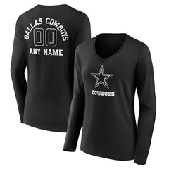 Dallas Cowboys Women's Personalized Name & Number Monochrome Long Sleeve V-Neck T-Shirt Black - NFL