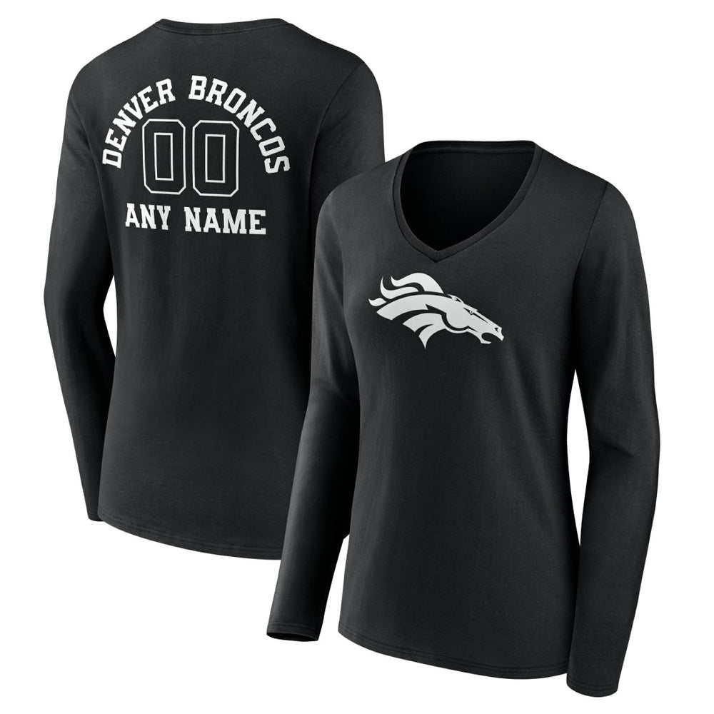 Denver Broncos Women's Personalized Name & Number Monochrome Long Sleeve V-Neck T-Shirt Black - NFL