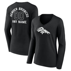 Denver Broncos Women's Personalized Name & Number Monochrome Long Sleeve V-Neck T-Shirt Black - NFL