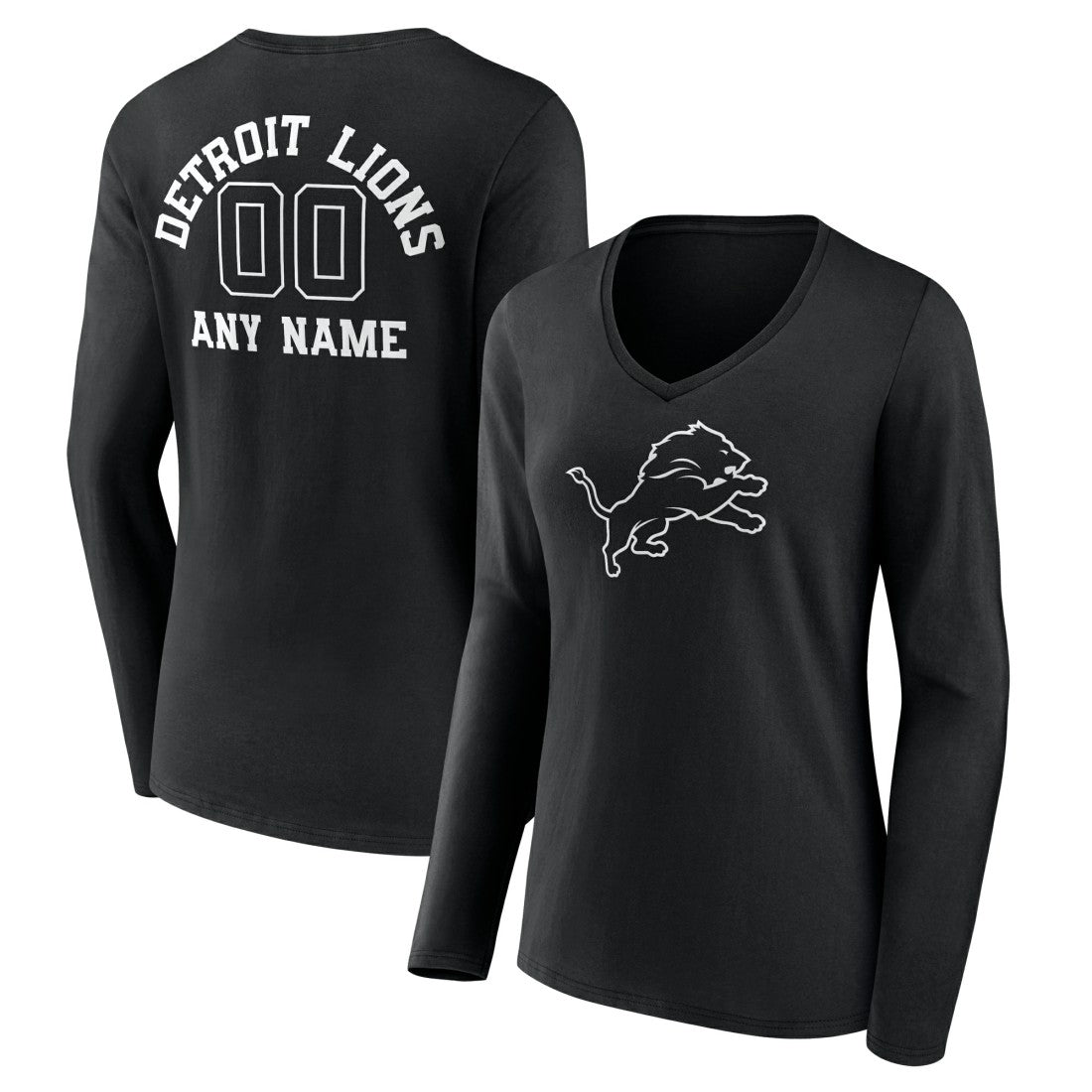 Detroit Lions Women's Personalized Name & Number Monochrome Long Sleeve V-Neck T-Shirt Black - NFL
