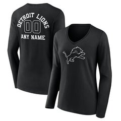 Detroit Lions Women's Personalized Name & Number Monochrome Long Sleeve V-Neck T-Shirt Black - NFL