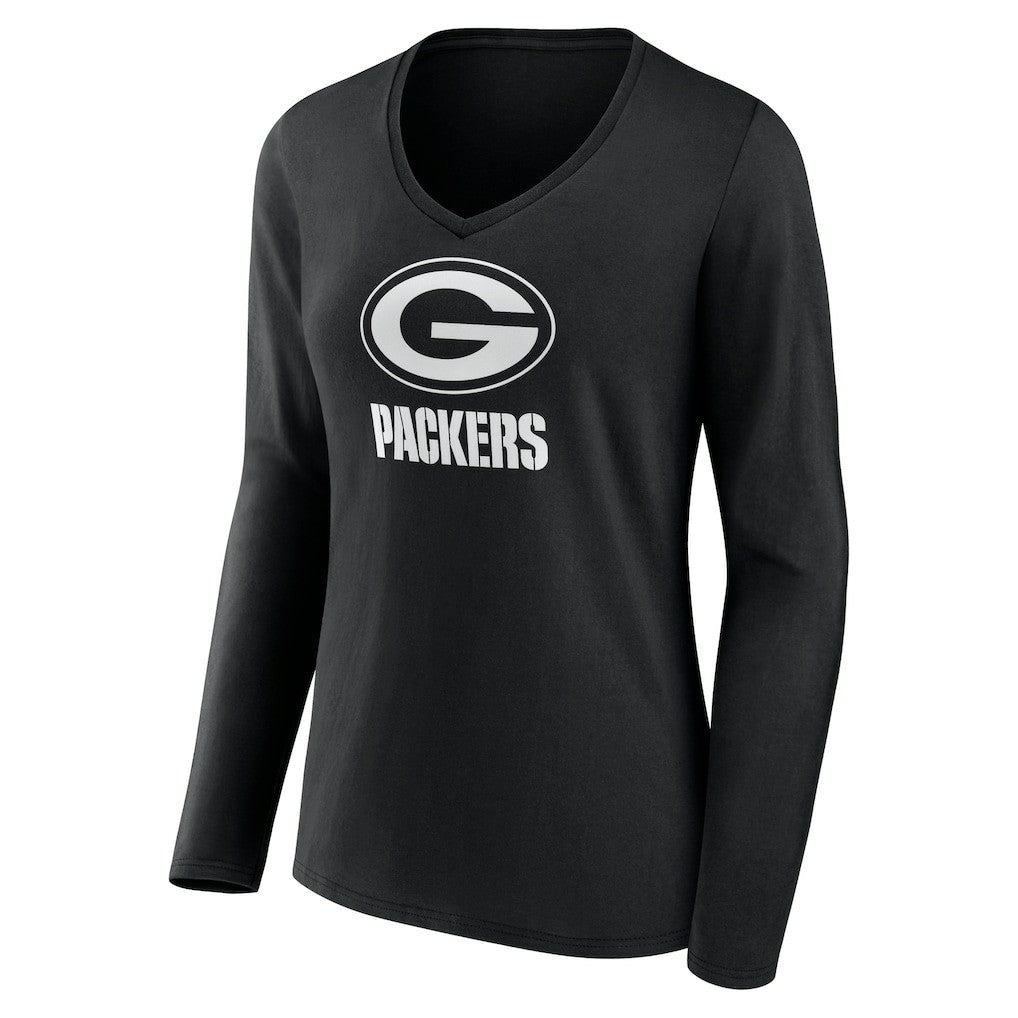 Green Bay Packers Women's Personalized Name & Number Monochrome Long Sleeve V-Neck T-Shirt Black - NFL