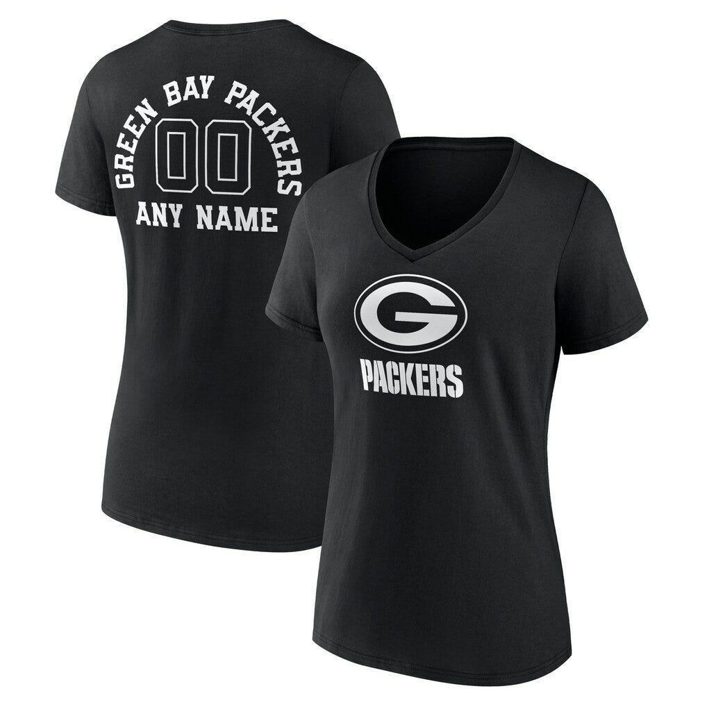 Green Bay Packers Women's Personalized Name & Number Monochrome V-Neck T-Shirt Black - NFL
