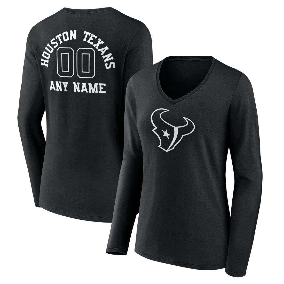 Houston Texans Women's Personalized Name & Number Monochrome Long Sleeve V-Neck T-Shirt Black - NFL