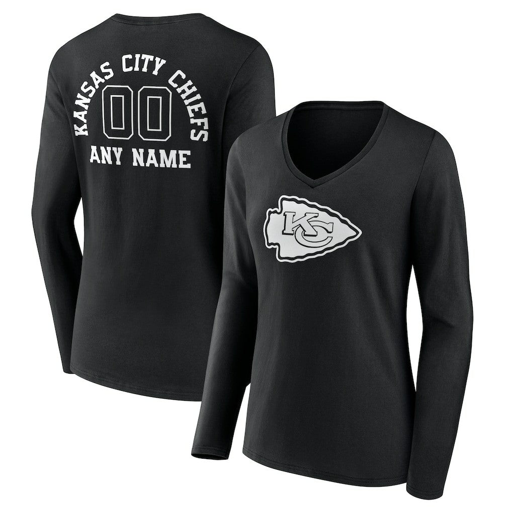 Kansas City Chiefs Women's Personalized Name & Number Monochrome Long Sleeve V-Neck T-Shirt Black - NFL
