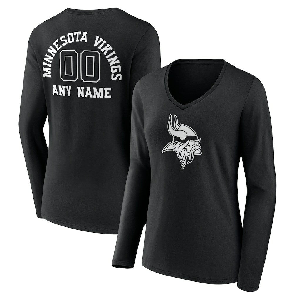 Minnesota Vikings Women's Personalized Name & Number Monochrome Long Sleeve V-Neck T-Shirt Black - NFL