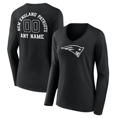 New England Patriots Women's Personalized Name & Number Monochrome Long Sleeve V-Neck T-Shirt Black - NFL