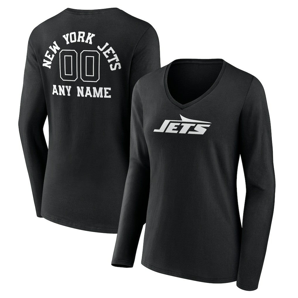 New York Jets Women's Personalized Name & Number Monochrome Long Sleeve V-Neck T-Shirt Black - NFL