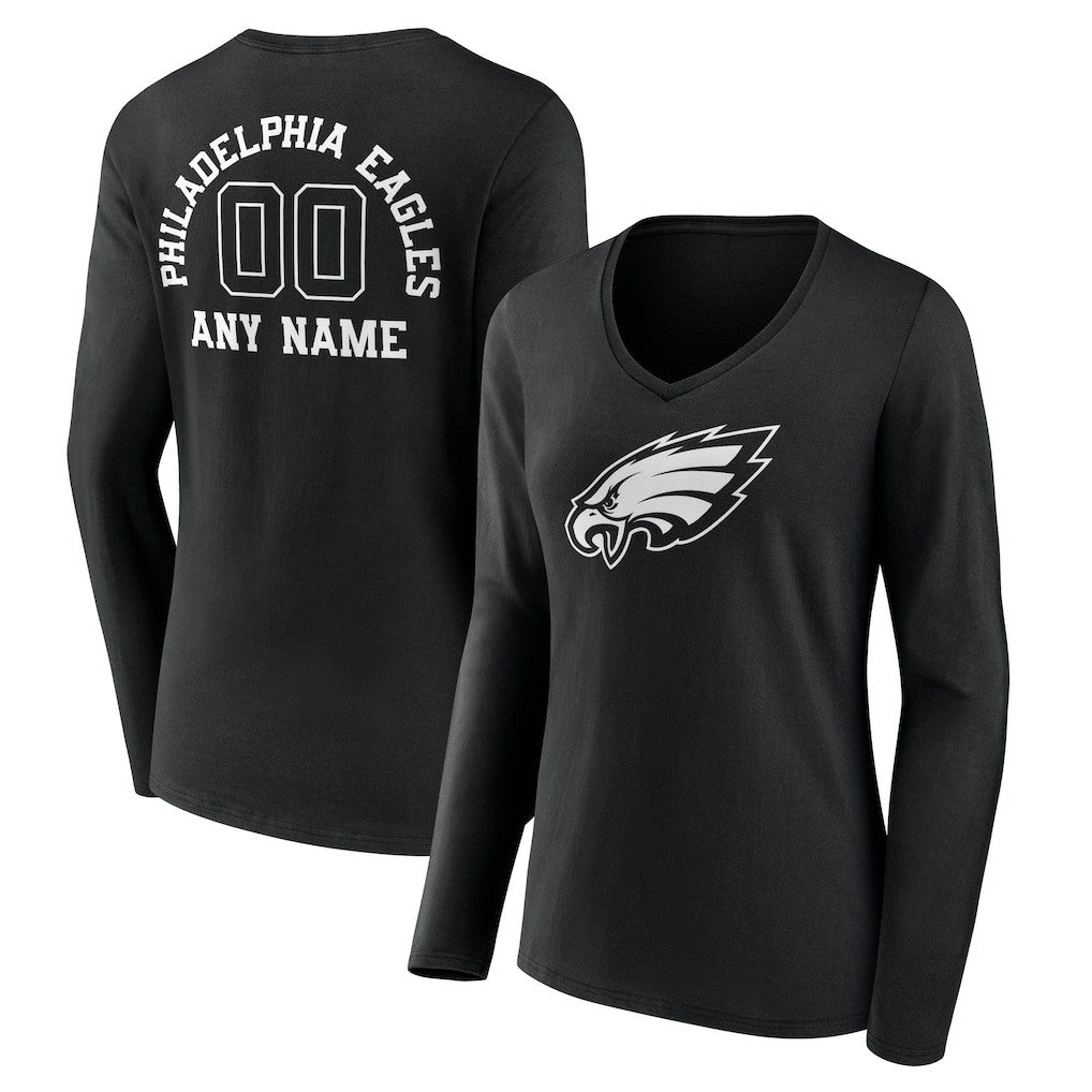 Philadelphia Eagles Women's Personalized Name & Number Monochrome Long Sleeve V-Neck T-Shirt Black - NFL