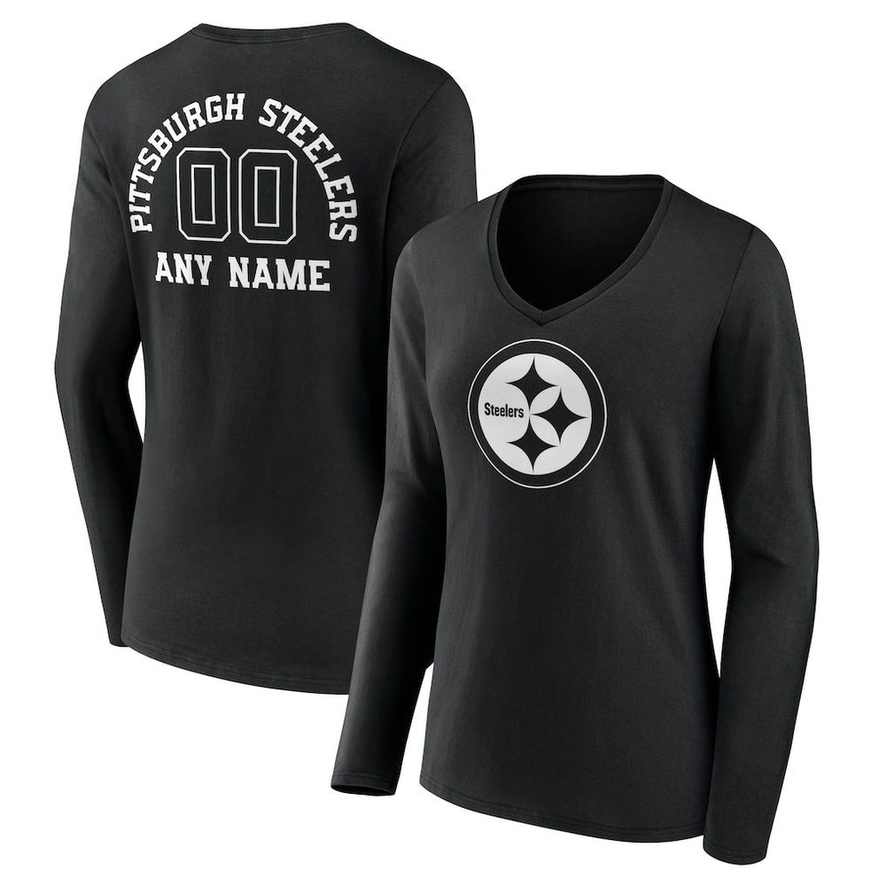 Pittsburgh Steelers Women's Personalized Name & Number Monochrome Long Sleeve V-Neck T-Shirt Black - NFL