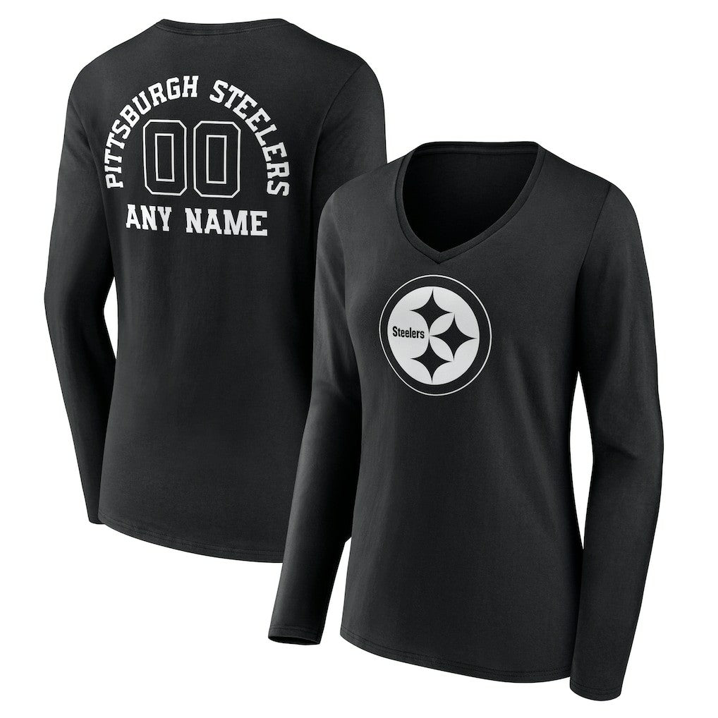 Pittsburgh Steelers Women's Personalized Name & Number Monochrome Long Sleeve V-Neck T-Shirt Black - NFL