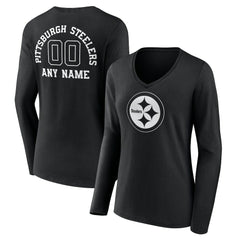 Pittsburgh Steelers Women's Personalized Name & Number Monochrome Long Sleeve V-Neck T-Shirt Black - NFL