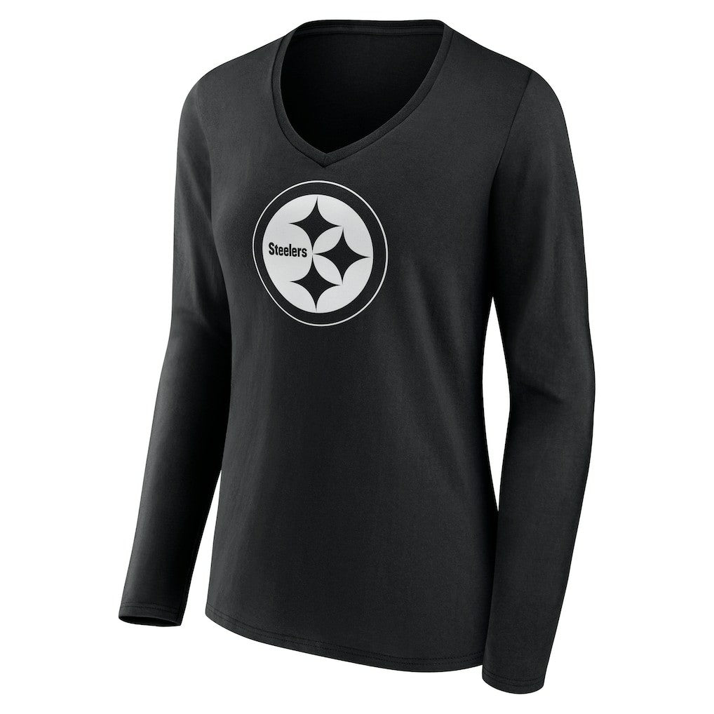 Pittsburgh Steelers Women's Personalized Name & Number Monochrome Long Sleeve V-Neck T-Shirt Black - NFL