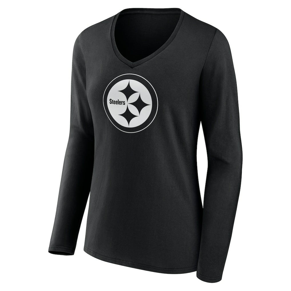 Pittsburgh Steelers Women's Personalized Name & Number Monochrome Long Sleeve V-Neck T-Shirt Black - NFL