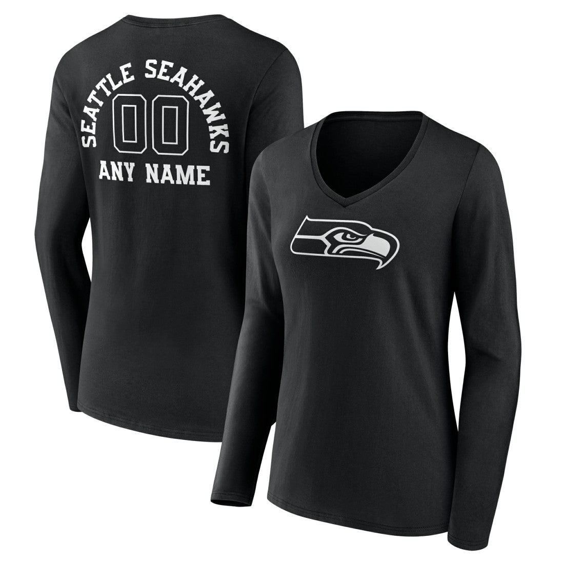 Seattle Seahawks Women's Personalized Name & Number Monochrome Long Sleeve V-Neck T-Shirt Black - NFL