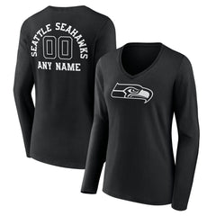 Seattle Seahawks Women's Personalized Name & Number Monochrome Long Sleeve V-Neck T-Shirt Black - NFL