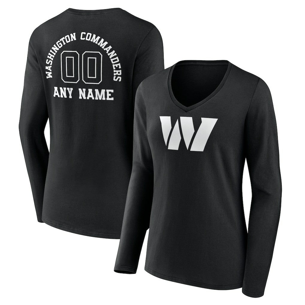 Washington Commanders Women's Personalized Name & Number Monochrome Long Sleeve V-Neck T-Shirt Black - NFL