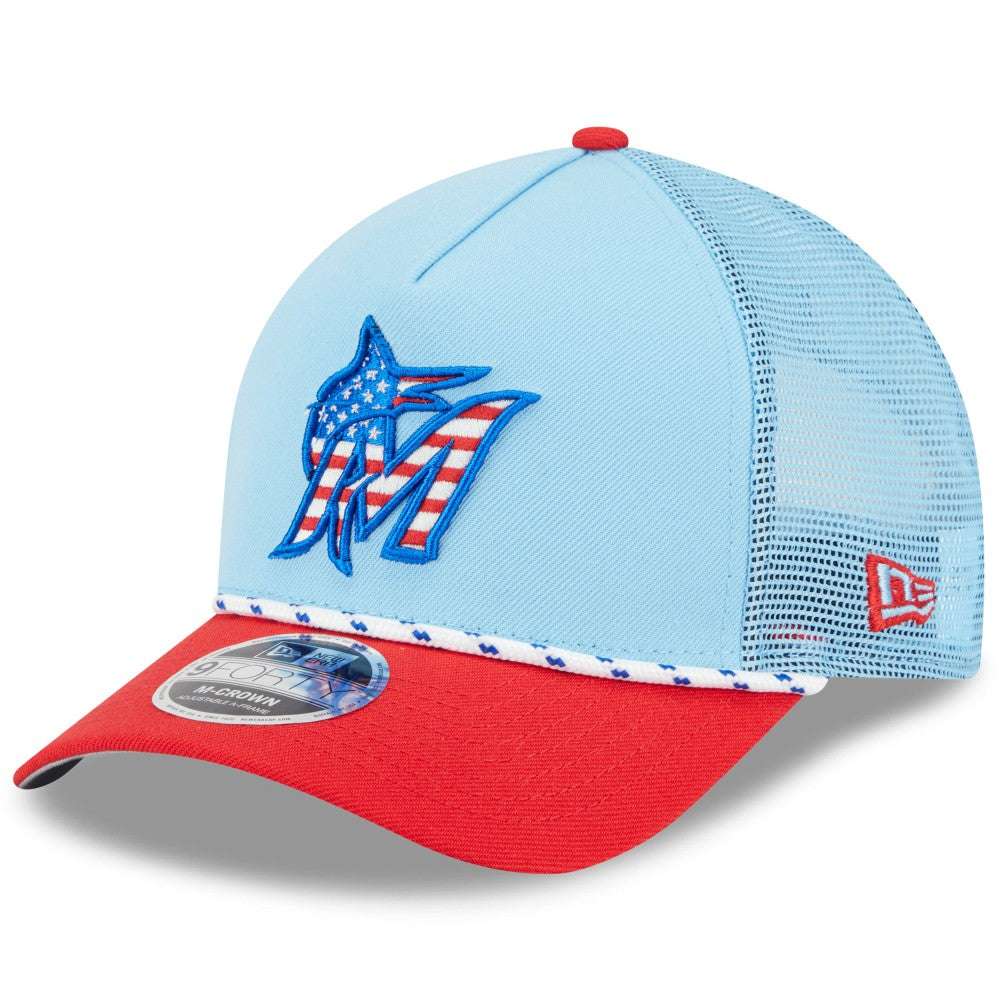 Miami Marlins New Era 2025 Fourth of July 9FORTY A-Frame M-Crown Adjustable Trucker Hat Near Me