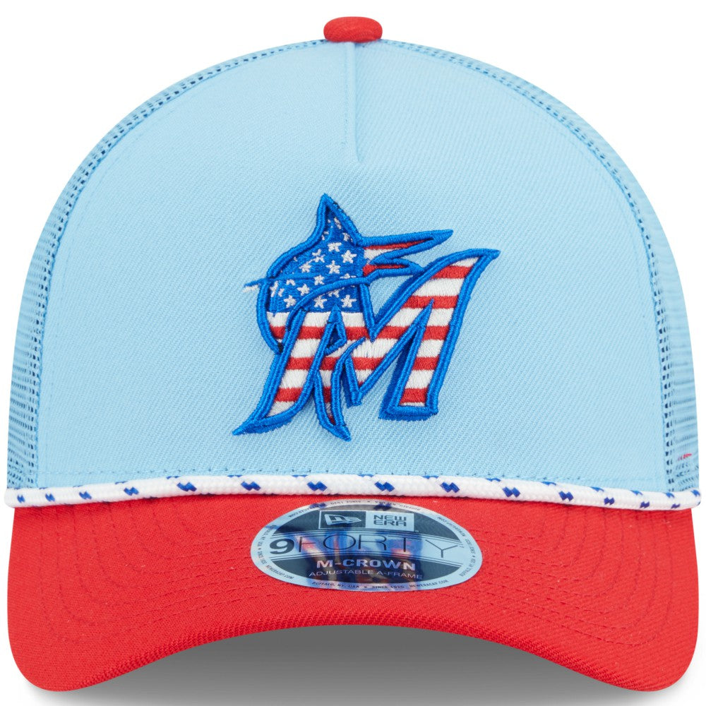 Miami Marlins New Era 2025 Fourth of July 9FORTY A-Frame M-Crown Adjustable Trucker Hat Near Me