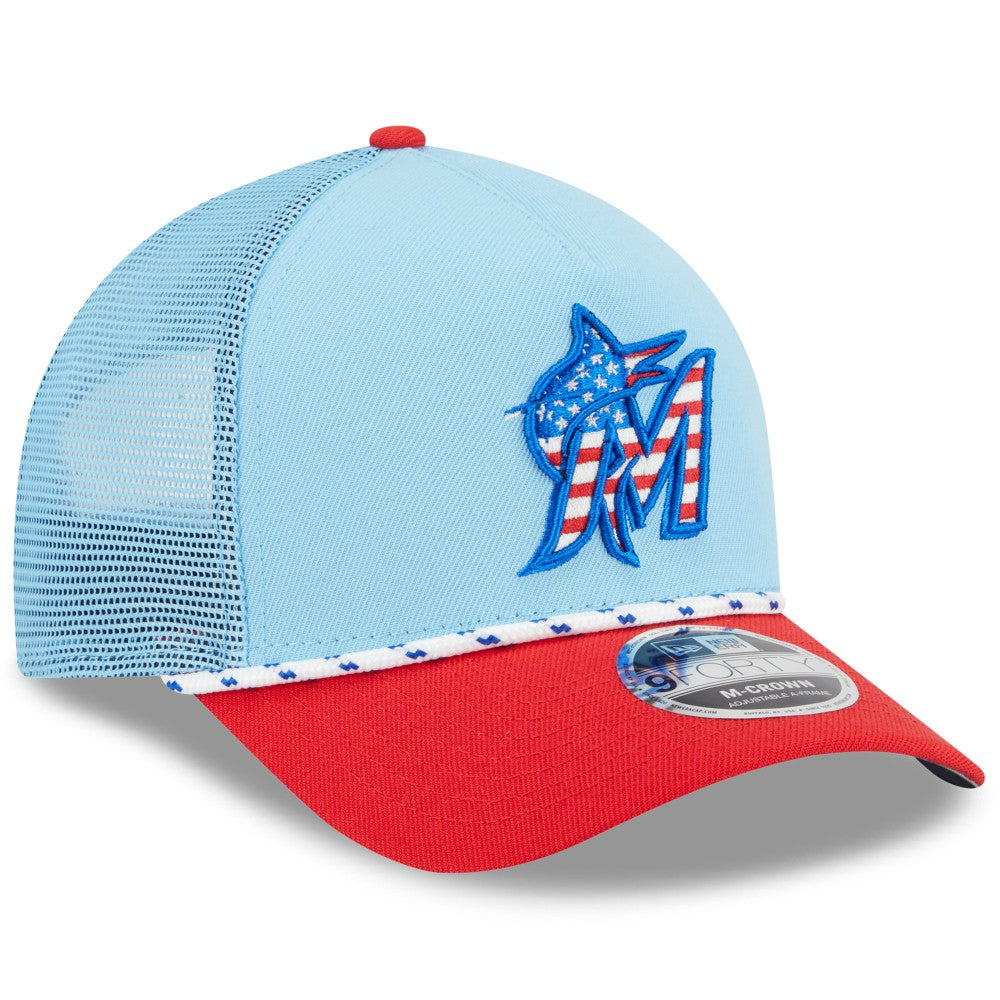 Miami Marlins New Era 2025 Fourth of July 9FORTY A-Frame M-Crown Adjustable Trucker Hat Near Me