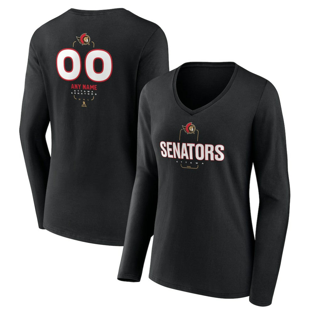 Ottawa Senators - Women's Personalized Name & Number Midfielder Long Sleeve V-Neck T-Shirt Black
