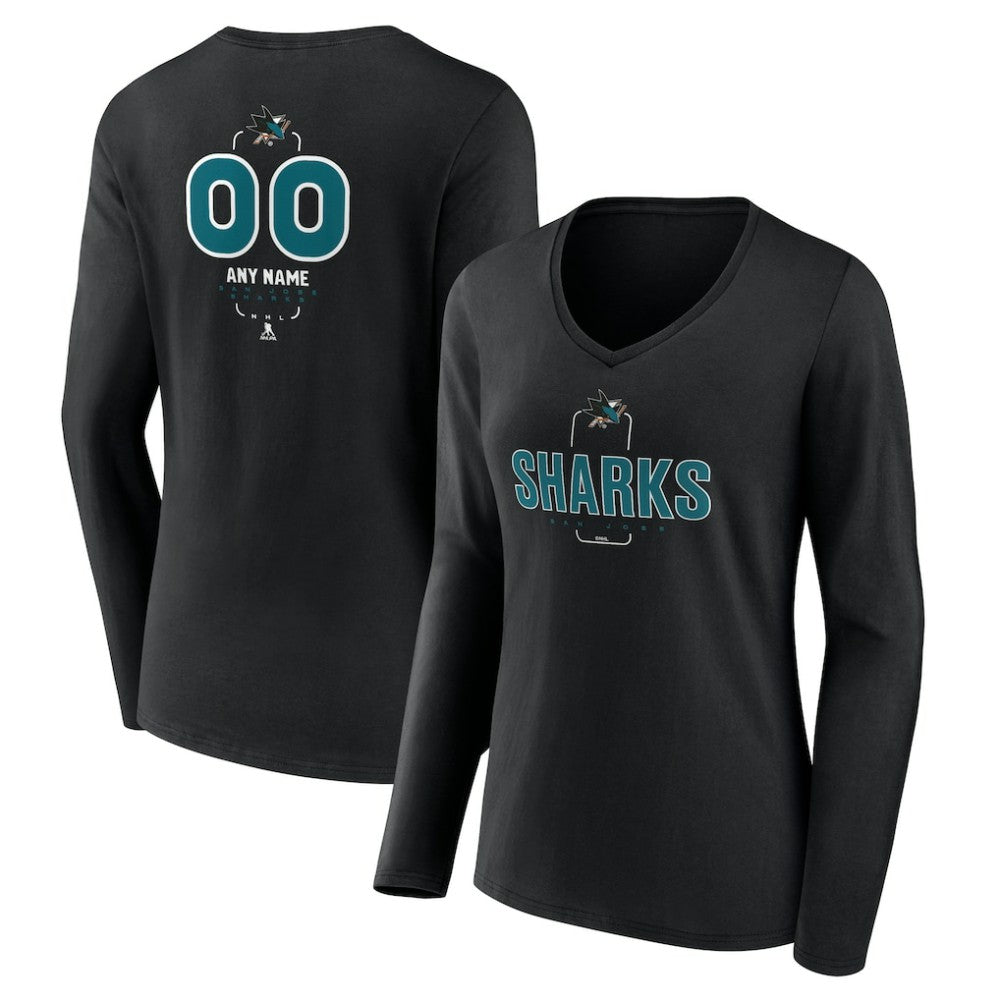 San Jose Sharks - Women's Personalized Name & Number Midfielder Long Sleeve V-Neck T-Shirt Black