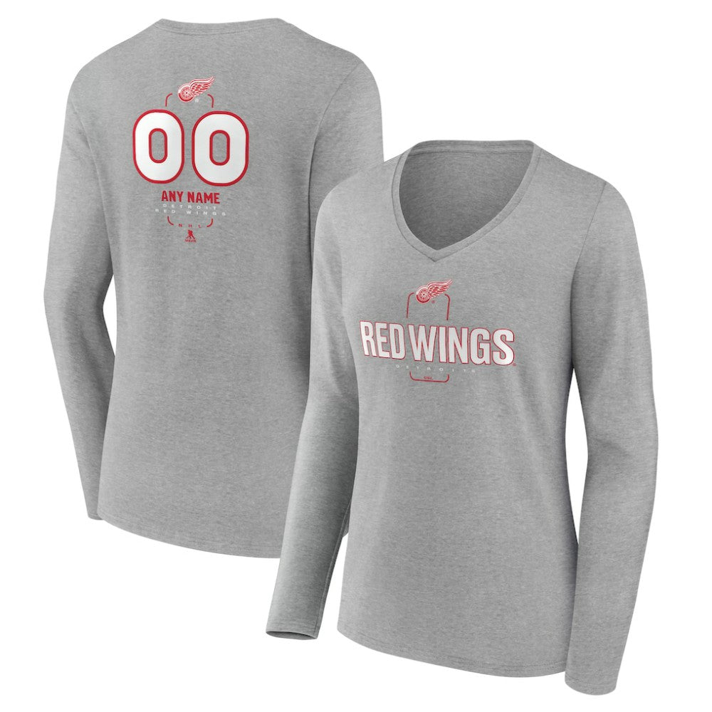 Detroit Red Wings - Women's Personalized Name & Number Midfielder Long Sleeve V-Neck T-Shirt Gray