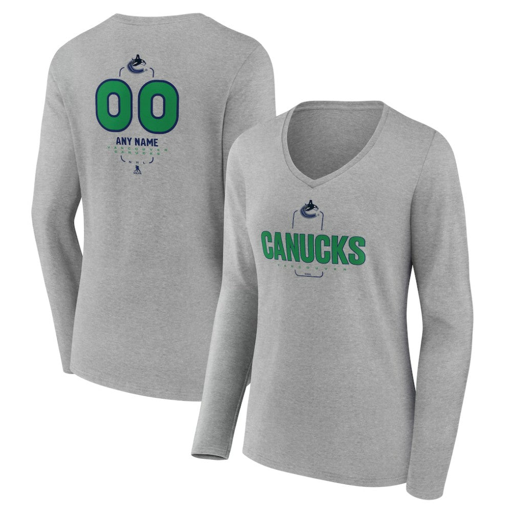 Vancouver Canucks - Women's Personalized Name & Number Midfielder Long Sleeve V-Neck T-Shirt Gray