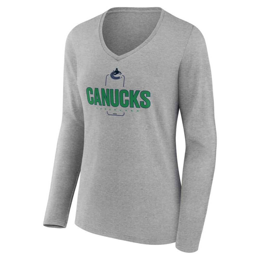 Vancouver Canucks - Women's Personalized Name & Number Midfielder Long Sleeve V-Neck T-Shirt Gray