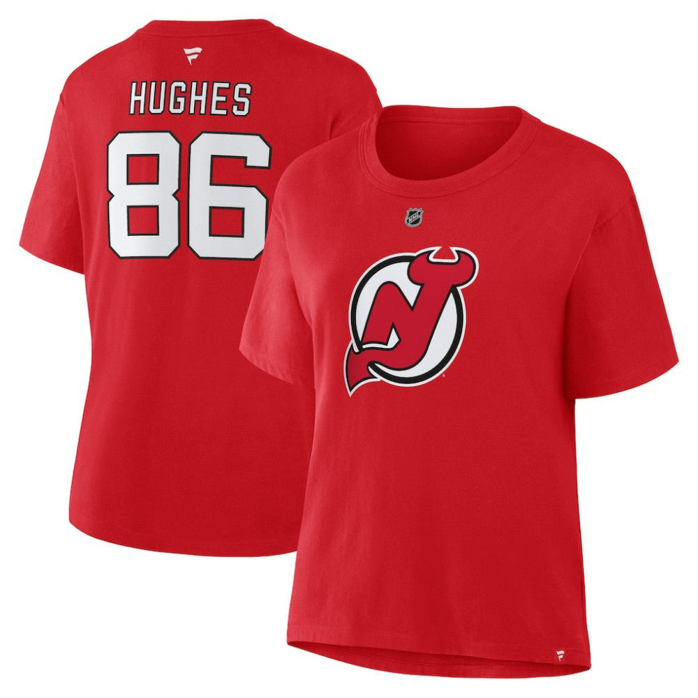 Jack Hughes New Jersey Devils - Fanatics Women's Authentic Stack Name & Number T-Shirt Red