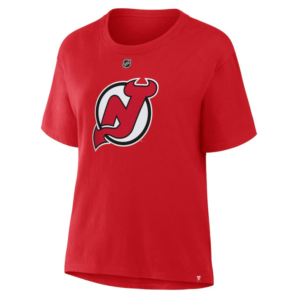 Jack Hughes New Jersey Devils - Fanatics Women's Authentic Stack Name & Number T-Shirt Red
