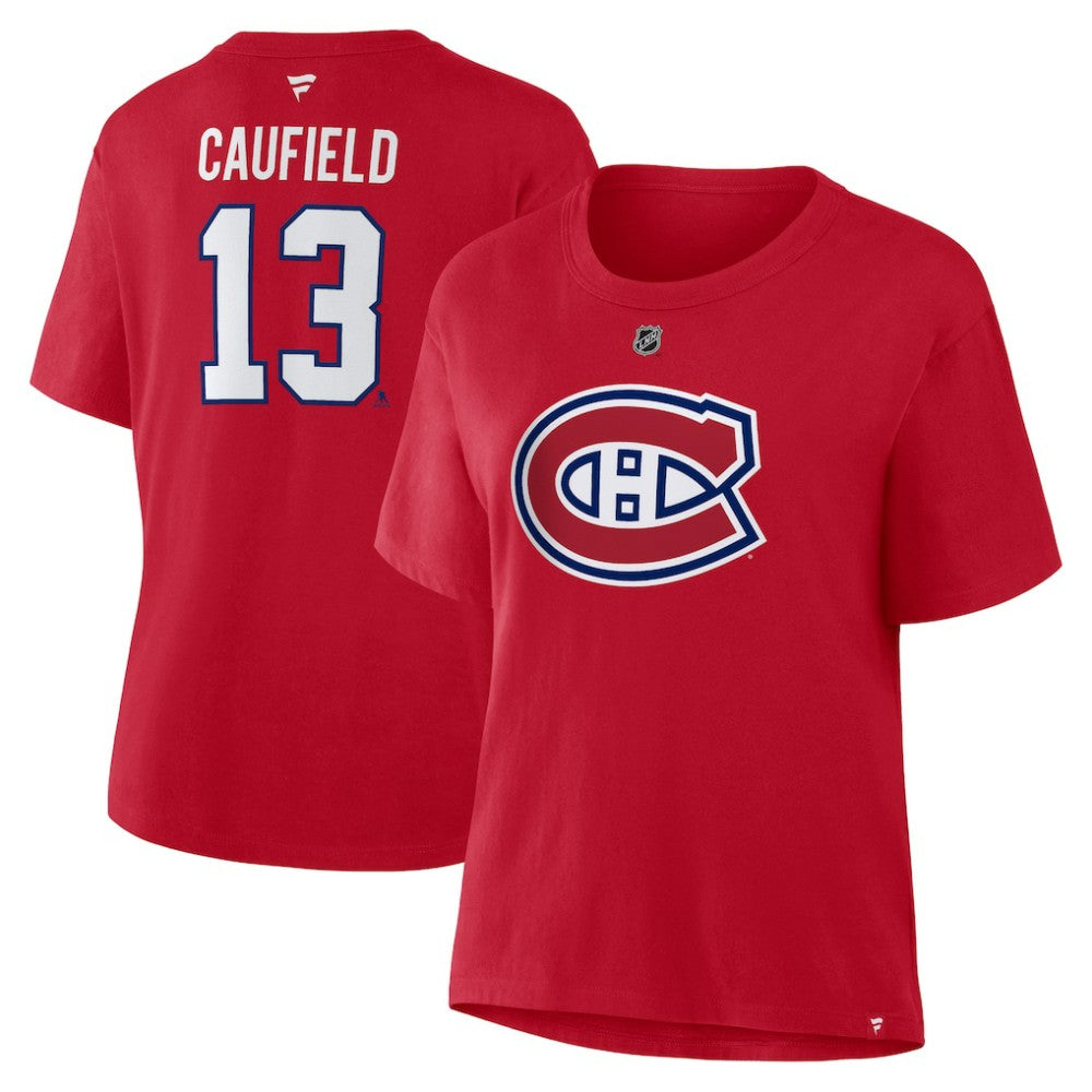 Cole Caufield Montreal Canadiens - Fanatics Women's Authentic Stack Name & Number T-Shirt Red