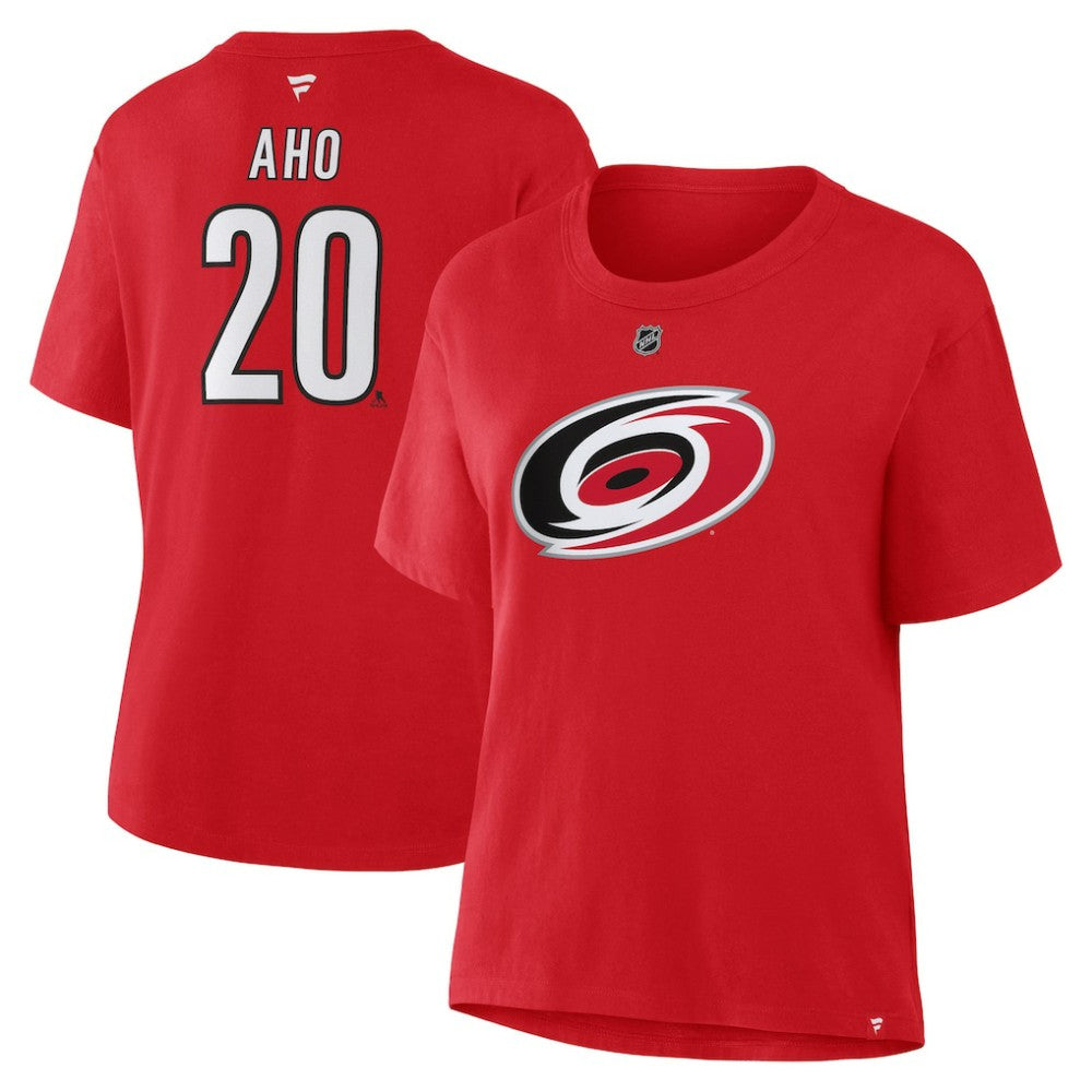 Sebastian Aho Carolina Hurricanes - Fanatics Women's Authentic Stack Name & Number T-Shirt Red
