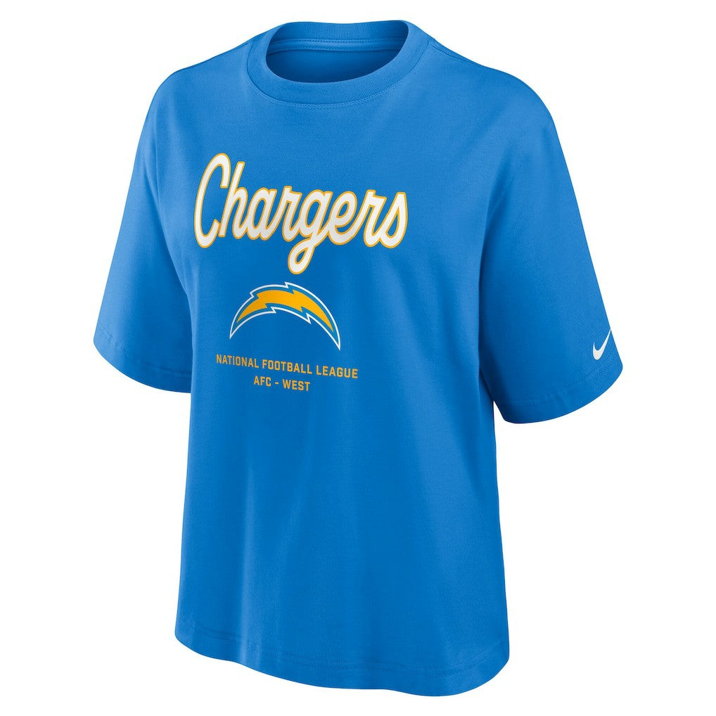 Los Angeles Chargers Women's Essential Script Relaxed Boxy T-Shirt Powder Blue - Nike