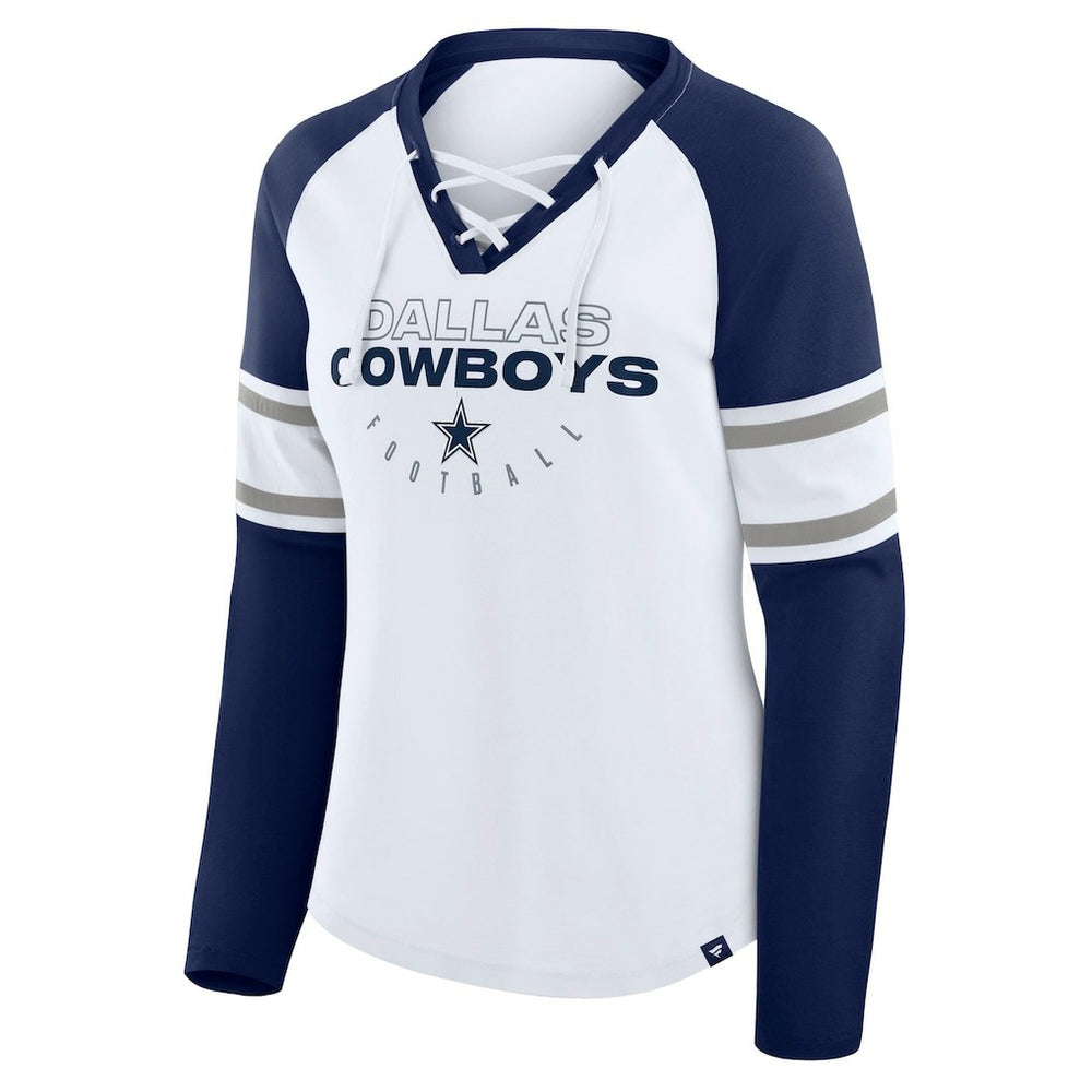 Dallas Cowboys Women's Redzone Blitz Package Raglan Lace-Up V-Neck Long Sleeve T-Shirt White/Navy - Fanatics