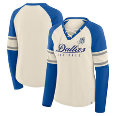Dallas Cowboys Women's Hometown Gridiron Hero Raglan Lace-Up V-Neck Long Sleeve T-Shirt Cream/Royal - Fanatics