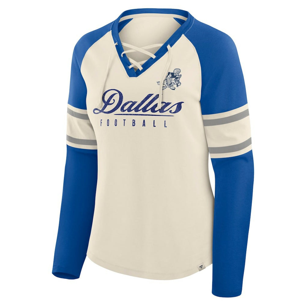 Dallas Cowboys Women's Hometown Gridiron Hero Raglan Lace-Up V-Neck Long Sleeve T-Shirt Cream/Royal - Fanatics
