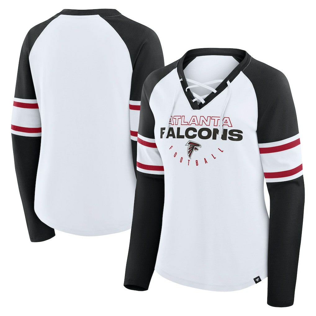 Atlanta Falcons Women's Redzone Blitz Package Raglan Lace-Up V-Neck Long Sleeve T-Shirt White/Black - Fanatics