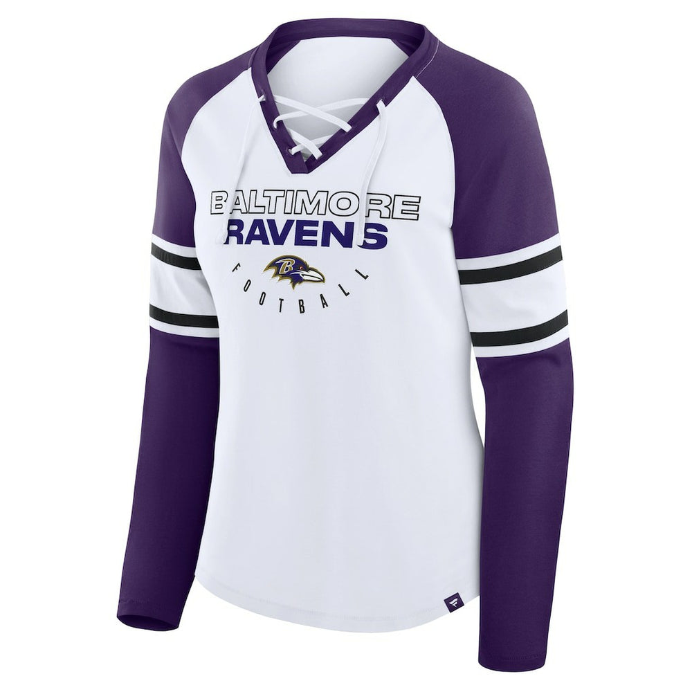 Baltimore Ravens Women's Redzone Blitz Package Raglan Lace-Up V-Neck Long Sleeve T-Shirt White/Purple - Fanatics