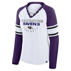 Baltimore Ravens Women's Redzone Blitz Package Raglan Lace-Up V-Neck Long Sleeve T-Shirt White/Purple - Fanatics