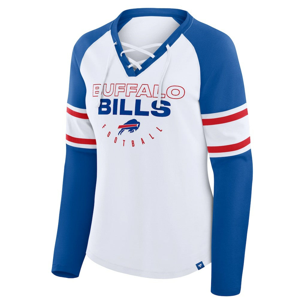 Buffalo Bills Women's Redzone Blitz Package Raglan Lace-Up V-Neck Long Sleeve T-Shirt White/Royal - Fanatics