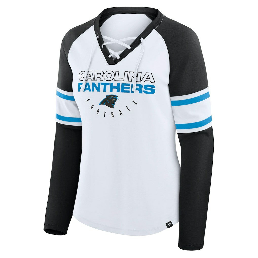 Carolina Panthers Women's Redzone Blitz Package Raglan Lace-Up V-Neck Long Sleeve T-Shirt White/Black - Fanatics