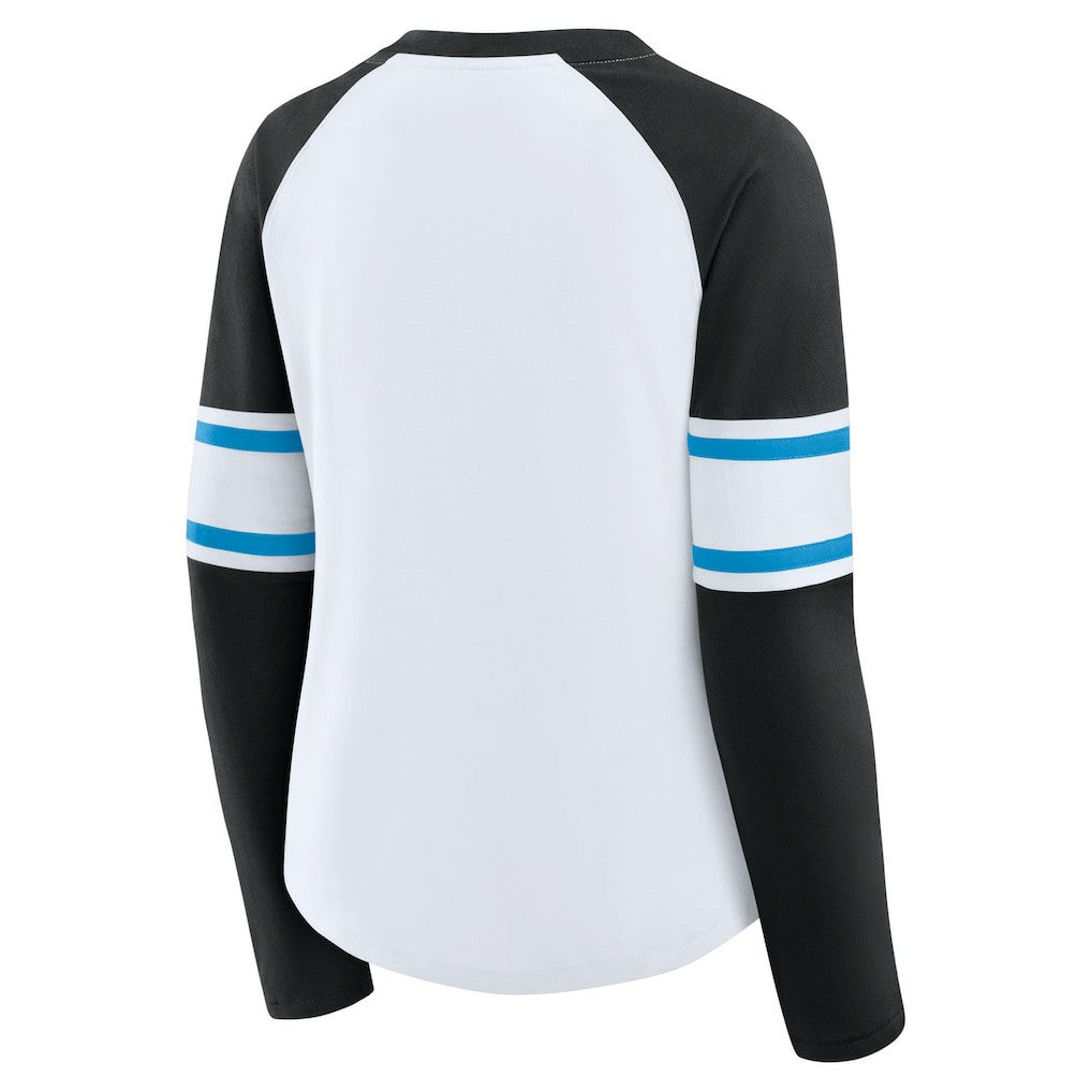 Carolina Panthers Women's Redzone Blitz Package Raglan Lace-Up V-Neck Long Sleeve T-Shirt White/Black - Fanatics