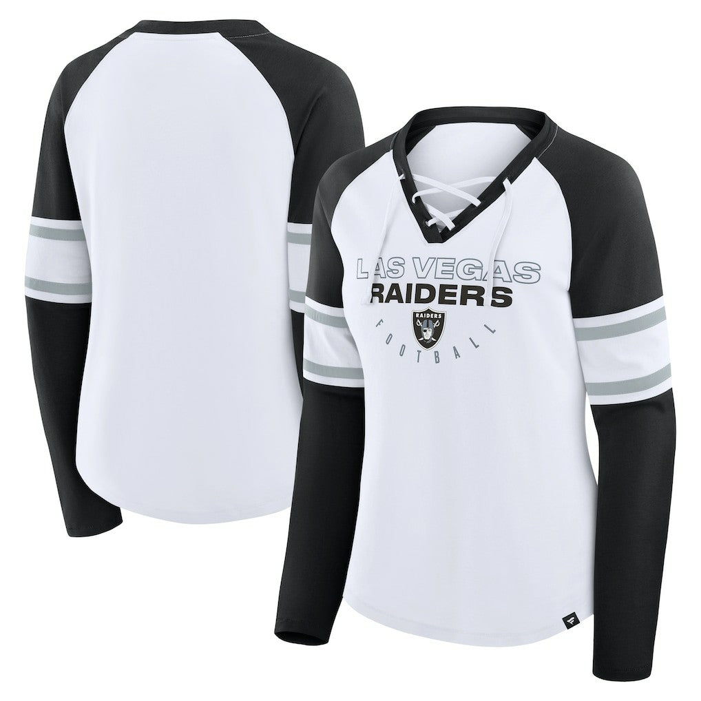Las Vegas Raiders Women's Redzone Blitz Package Raglan Lace-Up V-Neck Long Sleeve T-Shirt White/Black - Fanatics