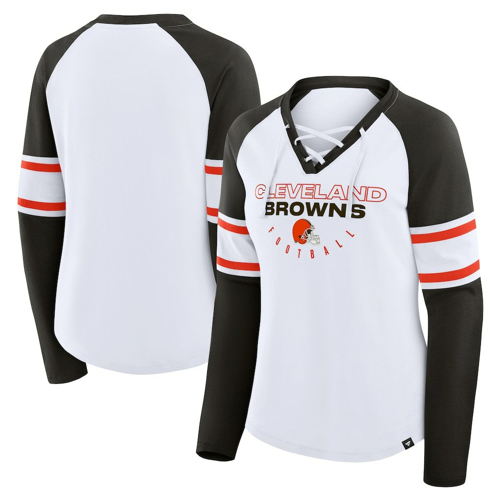 Cleveland Browns Women's Redzone Blitz Package Raglan Lace-Up V-Neck Long Sleeve T-Shirt White/Brown - Fanatics