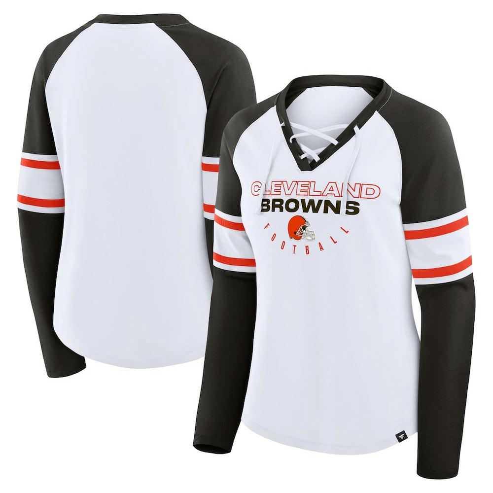 Cleveland Browns Women's Redzone Blitz Package Raglan Lace-Up V-Neck Long Sleeve T-Shirt White/Brown - Fanatics
