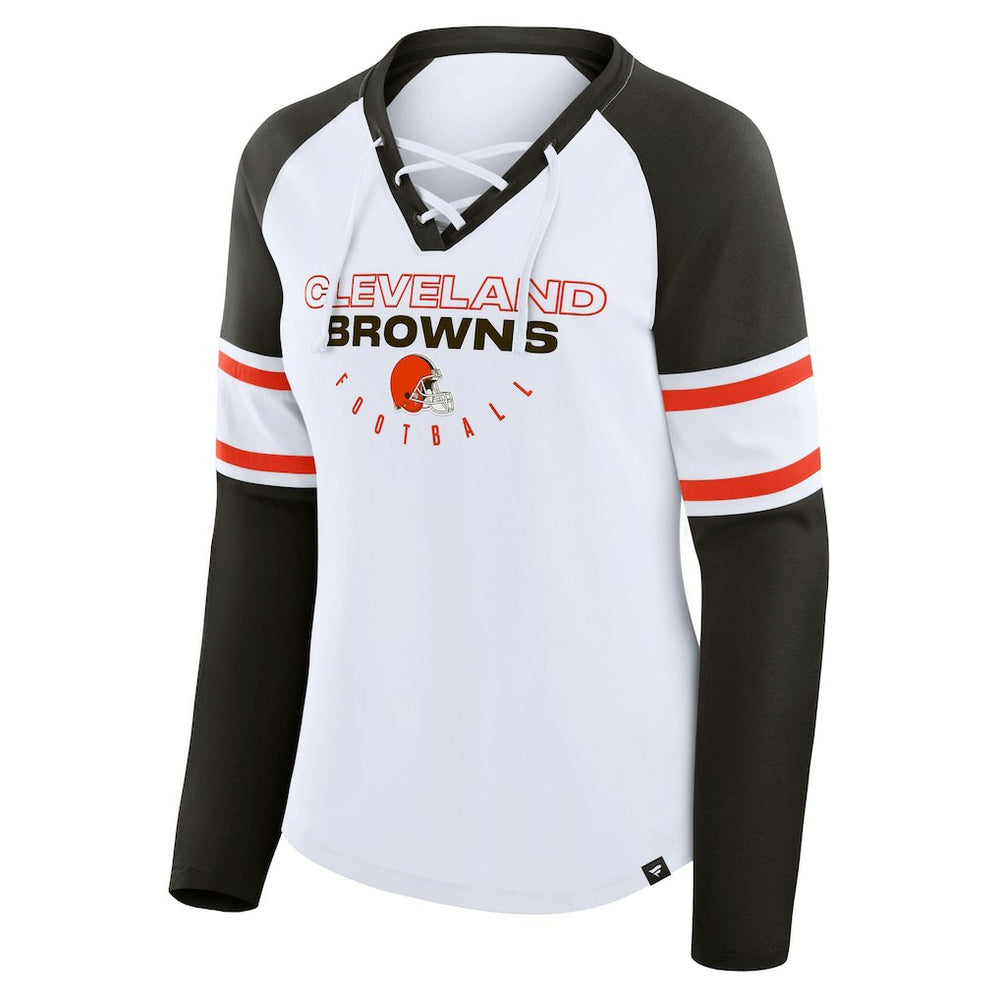 Cleveland Browns Women's Redzone Blitz Package Raglan Lace-Up V-Neck Long Sleeve T-Shirt White/Brown - Fanatics