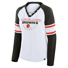 Cleveland Browns Women's Redzone Blitz Package Raglan Lace-Up V-Neck Long Sleeve T-Shirt White/Brown - Fanatics