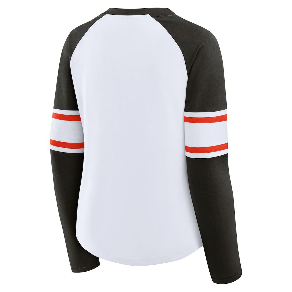 Cleveland Browns Women's Redzone Blitz Package Raglan Lace-Up V-Neck Long Sleeve T-Shirt White/Brown - Fanatics